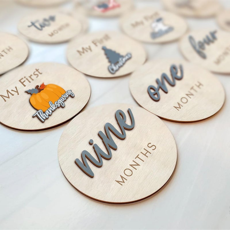 cephira Monthly Baby Milestone and First Holiday Signs, Wooden Baby Months Disc Set 1-12, Hello World Newborn Announcement Props (Blue) - Image 1